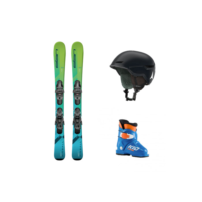 Kids ski rental package for ages 11 and under with skis, boots and helmet