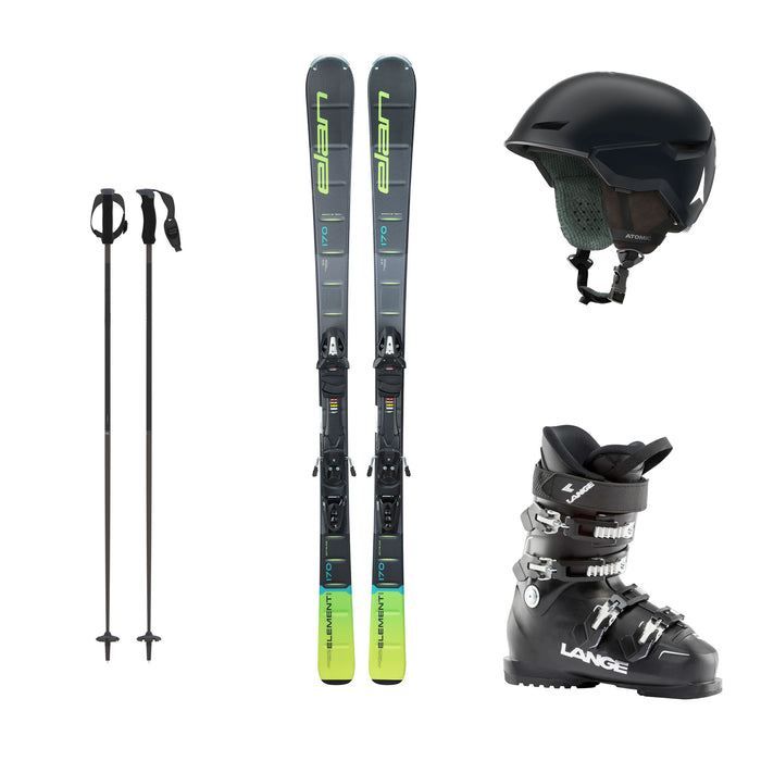 Youth ski rental package for ages 12–16 with skis, poles, boots and helmet