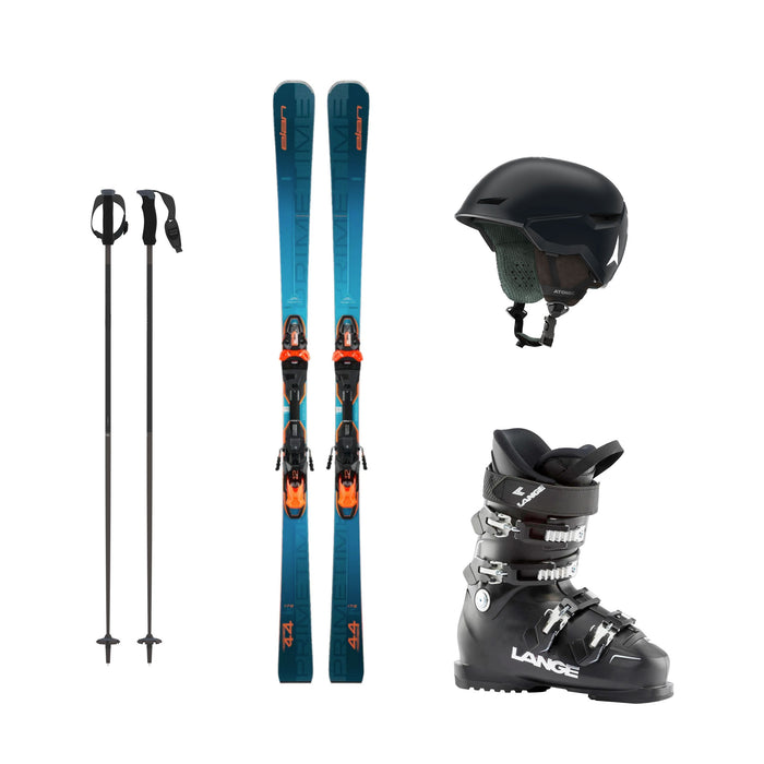 Premium ski rental package with Elan demo skis, poles, boots and helmet